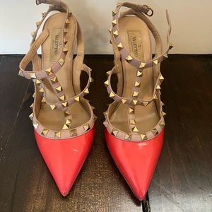 Valentino Orange/Pink Patent and Leather Rockstud Ankle Strap Pumps Size 39